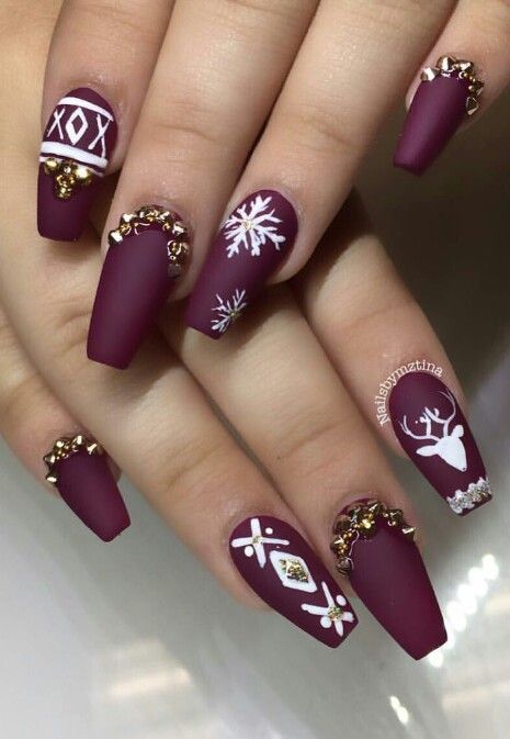 Christmas burgundy nail design winter nail art
