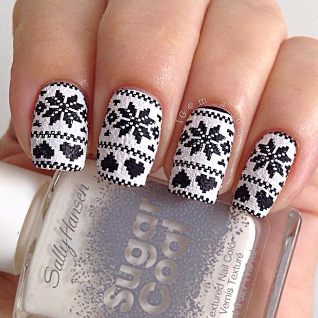 black and white nail art christmas design snowflake