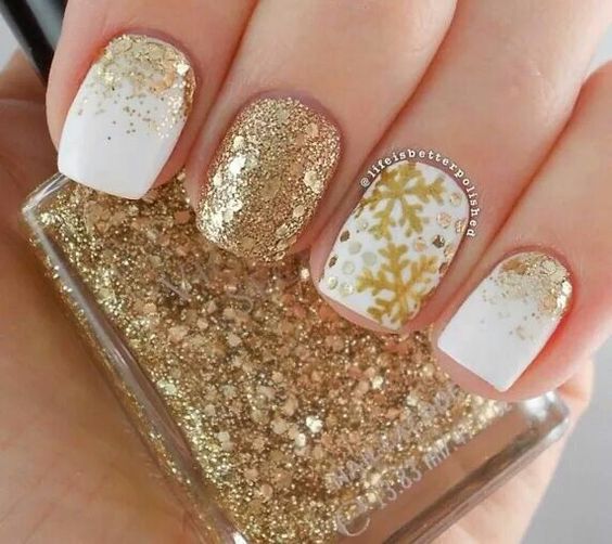 gold snowflake glitterwhite nail art christmas design