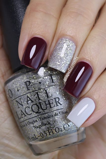 silver glitter burgundy nail design winter nail art