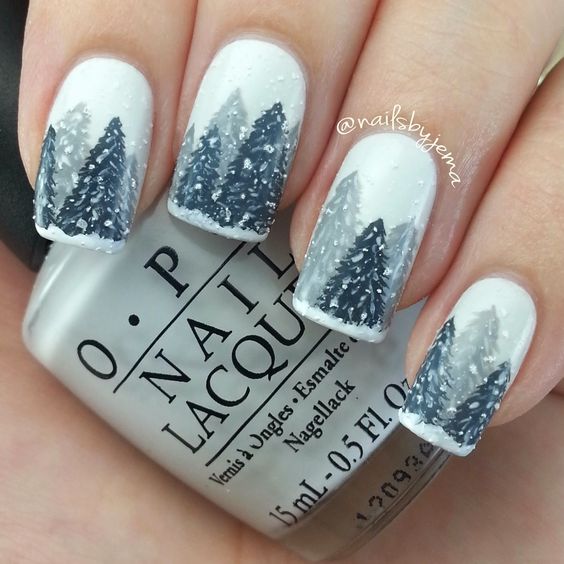 silver gray christmas tree white nail art christmas design