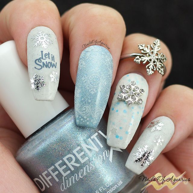 silver white nail art christmas design blue let it nnow