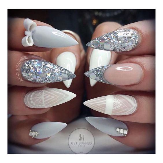 silver white nail art christmas design winter pink glitter