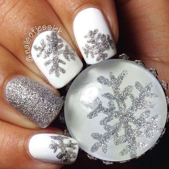 silver white nail art christmas design