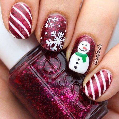winter-nails-cute-designs-red-Snowman glitter
