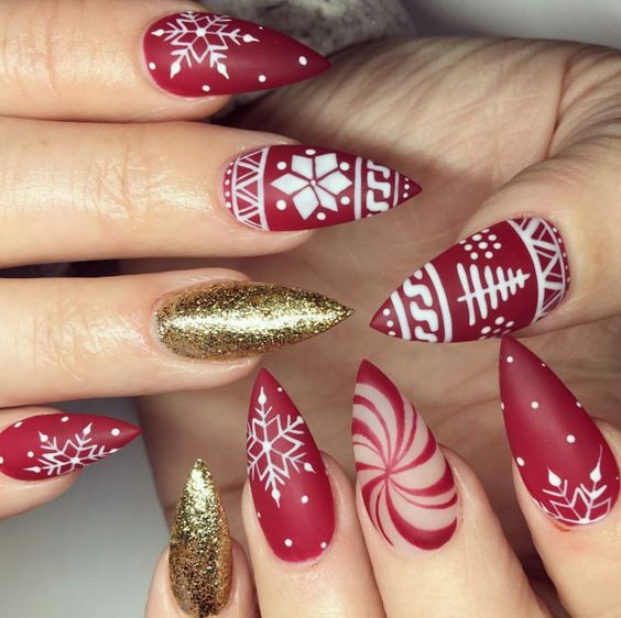 winter-nails-cute-designs-red-gold- white-glitter