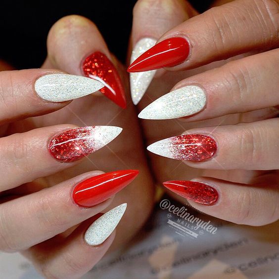 winter-nails-cute-designs-red-white silver Christmas-glitter