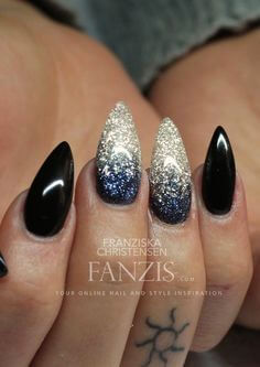 almond black nails with glitter