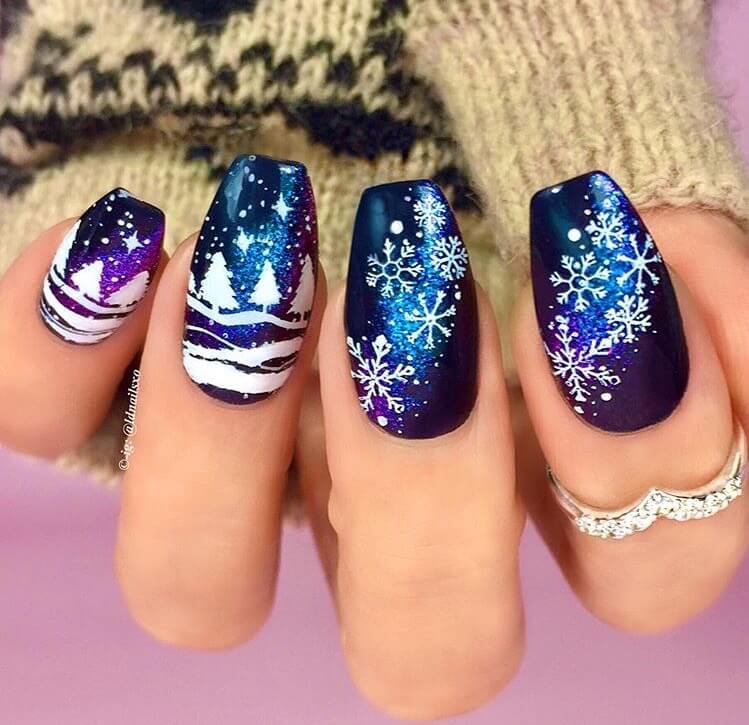 snow nails christmas winter manicure purple